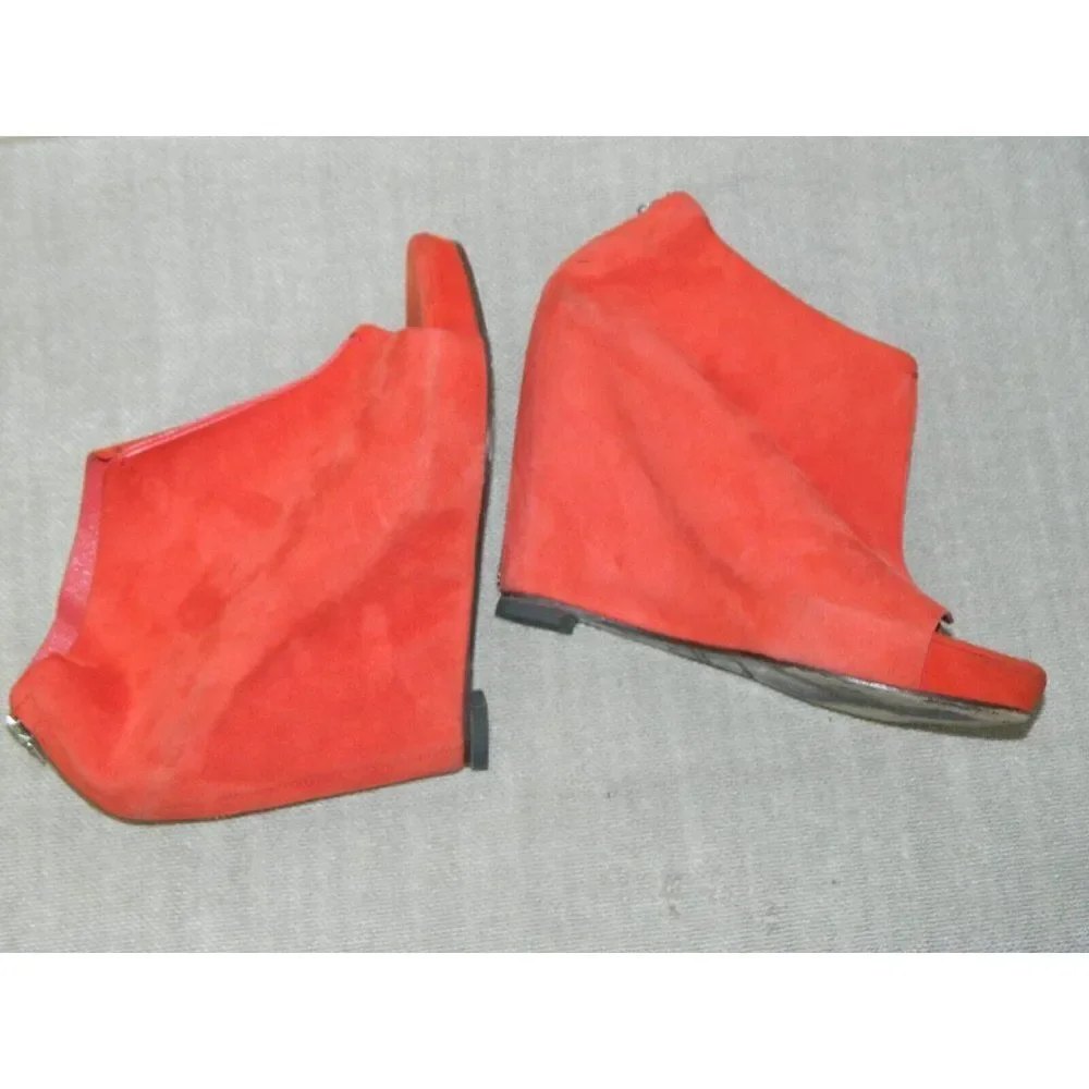 Jenni Kayne Booties Size 8 Orange Suede Cayenne Coral Open Toe‎ Zip Back Wedge
